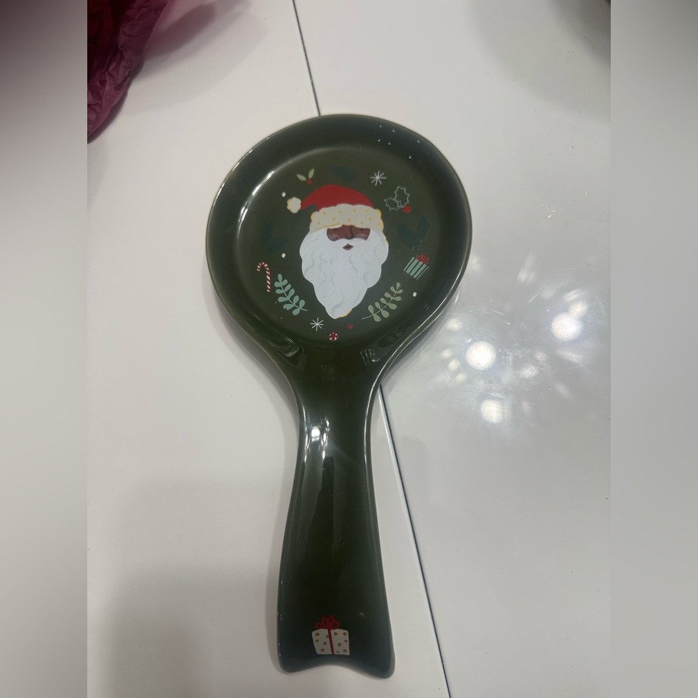 Black Santa Ceramic 9x4in Spoon Rest Green Holiday Decor